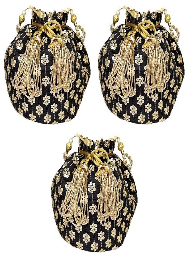 DUCHESS Women Black Floral sequin Potli Bag (Pack of 3)